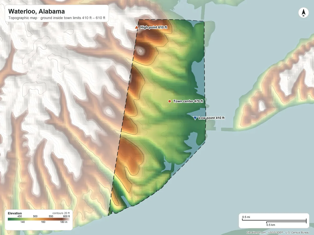Topographic elevation map of Waterloo, Alabama, shaded from 410 ft on the southeast side to 610 ft on the northwest side