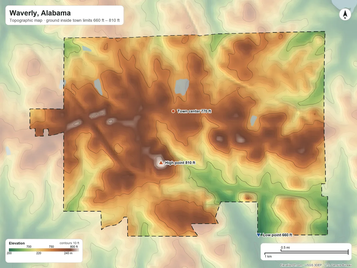 Topographic elevation map of Waverly, Alabama, shaded from 660 ft on the southeast side to 810 ft on the south side