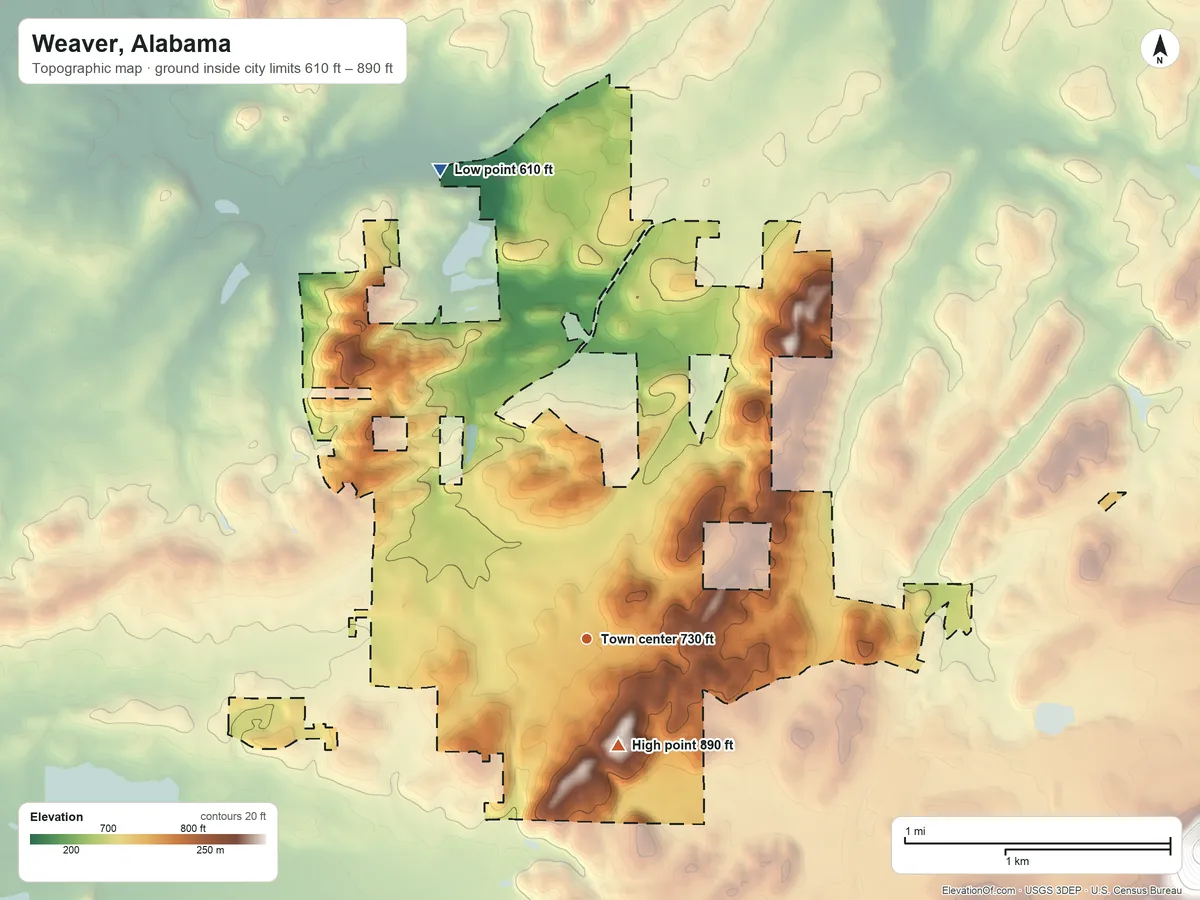 Topographic elevation map of Weaver, Alabama, shaded from 610 ft on the north side to 890 ft on the south side