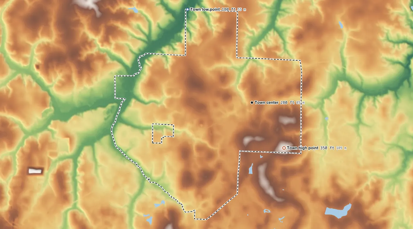 Topographic elevation map of Webb, Alabama, shaded from 180 ft on the northwest side to 350 ft on the southeast side