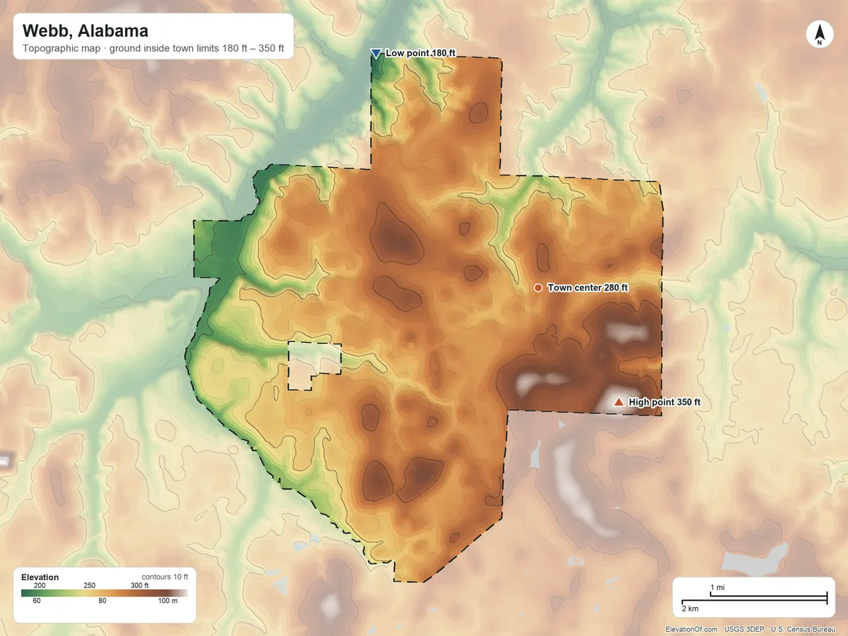 Topographic elevation map of Webb, Alabama, shaded from 180 ft on the northwest side to 350 ft on the southeast side