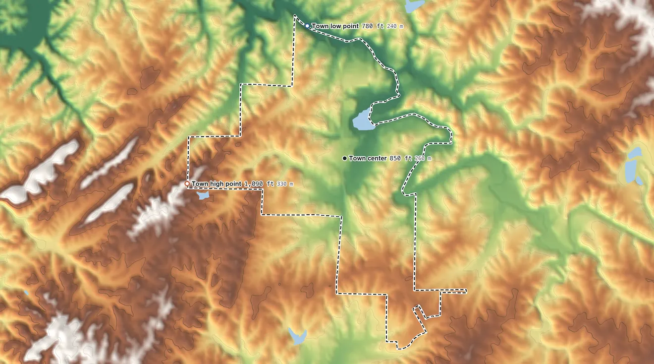 Topographic elevation map of Wedowee, Alabama, shaded from 780 ft on the north side to 1,090 ft on the west side