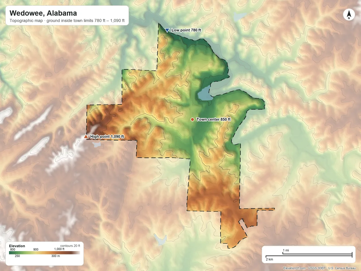 Topographic elevation map of Wedowee, Alabama, shaded from 780 ft on the north side to 1,090 ft on the west side