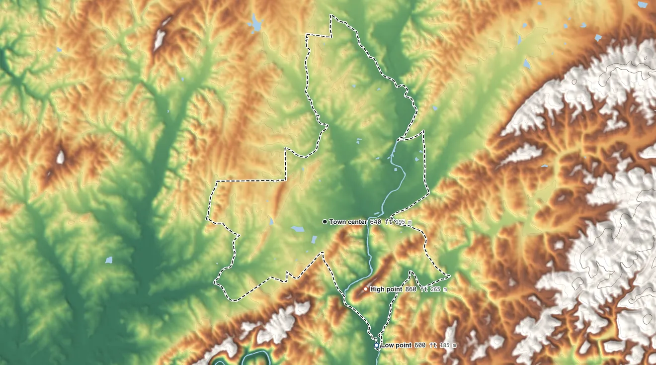 Topographic elevation map of Weogufka, Alabama, shaded from 600 ft on the southeast side to 860 ft on the southeast side