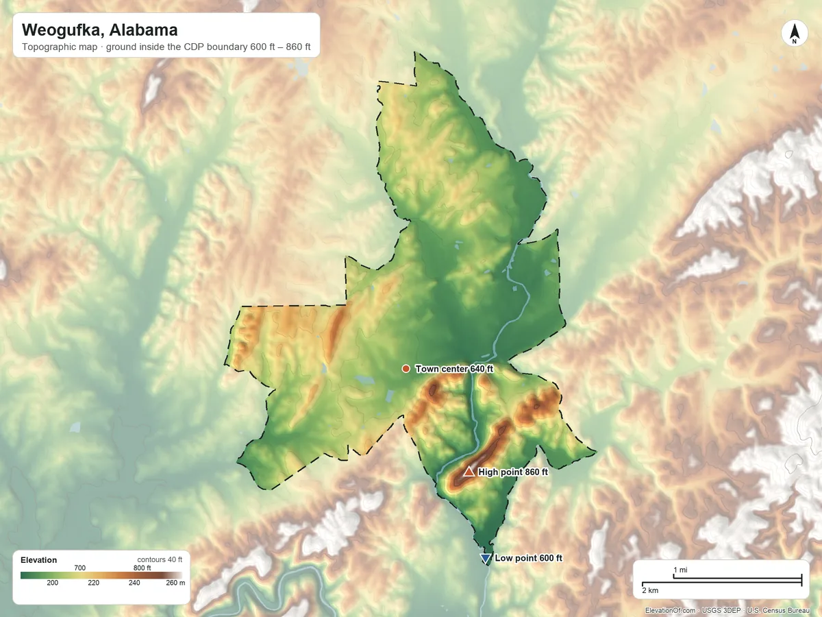 Topographic elevation map of Weogufka, Alabama, shaded from 600 ft on the southeast side to 860 ft on the southeast side