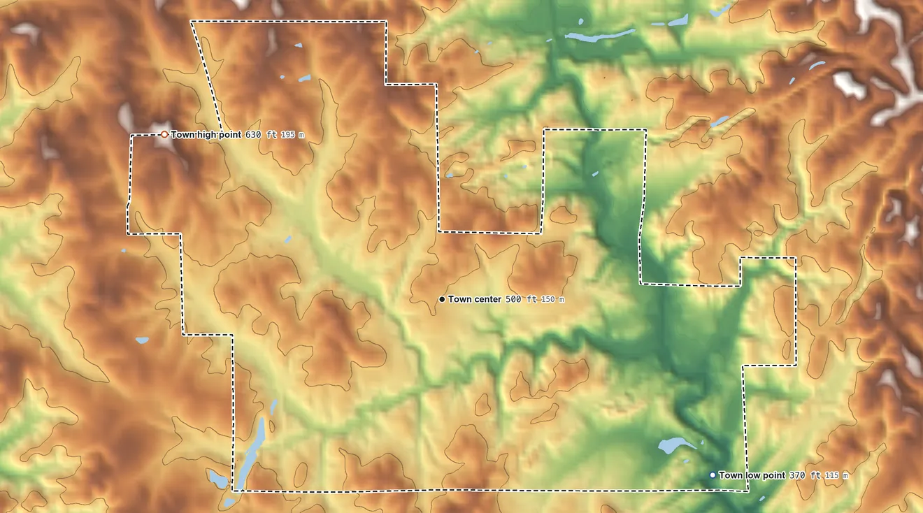 Topographic elevation map of West Blocton, Alabama, shaded from 370 ft on the southeast side to 630 ft on the northwest side