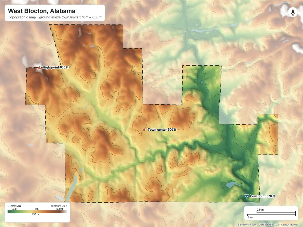 Topographic elevation map of West Blocton, Alabama, shaded from 370 ft on the southeast side to 630 ft on the northwest side