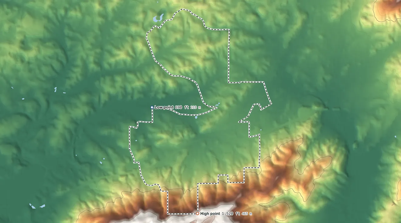 Topographic elevation map of West End-Cobb Town, Alabama, shaded from 690 ft on the northwest side to 1,520 ft on the south side