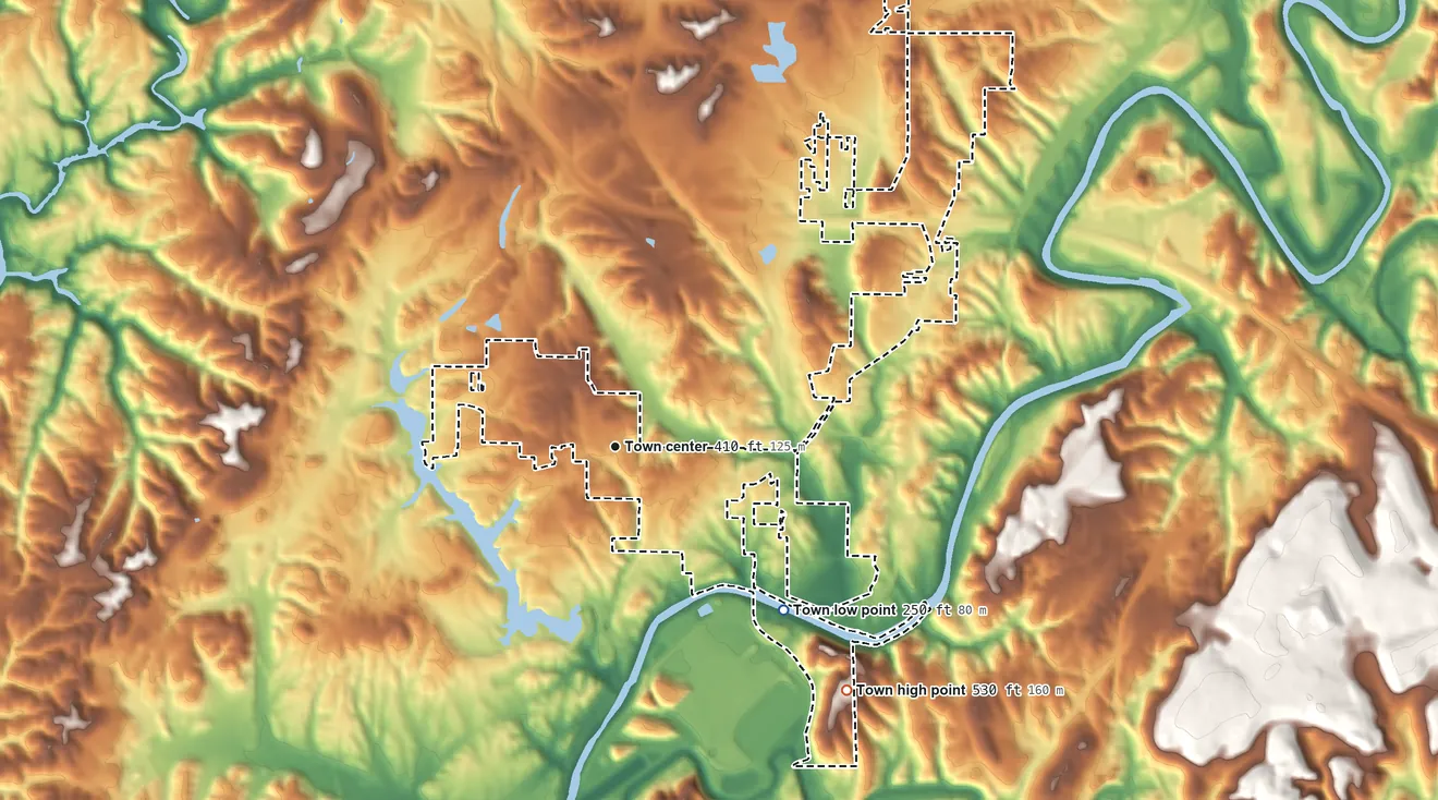 Topographic elevation map of West Jefferson, Alabama, shaded from 250 ft on the southeast side to 530 ft on the southeast side