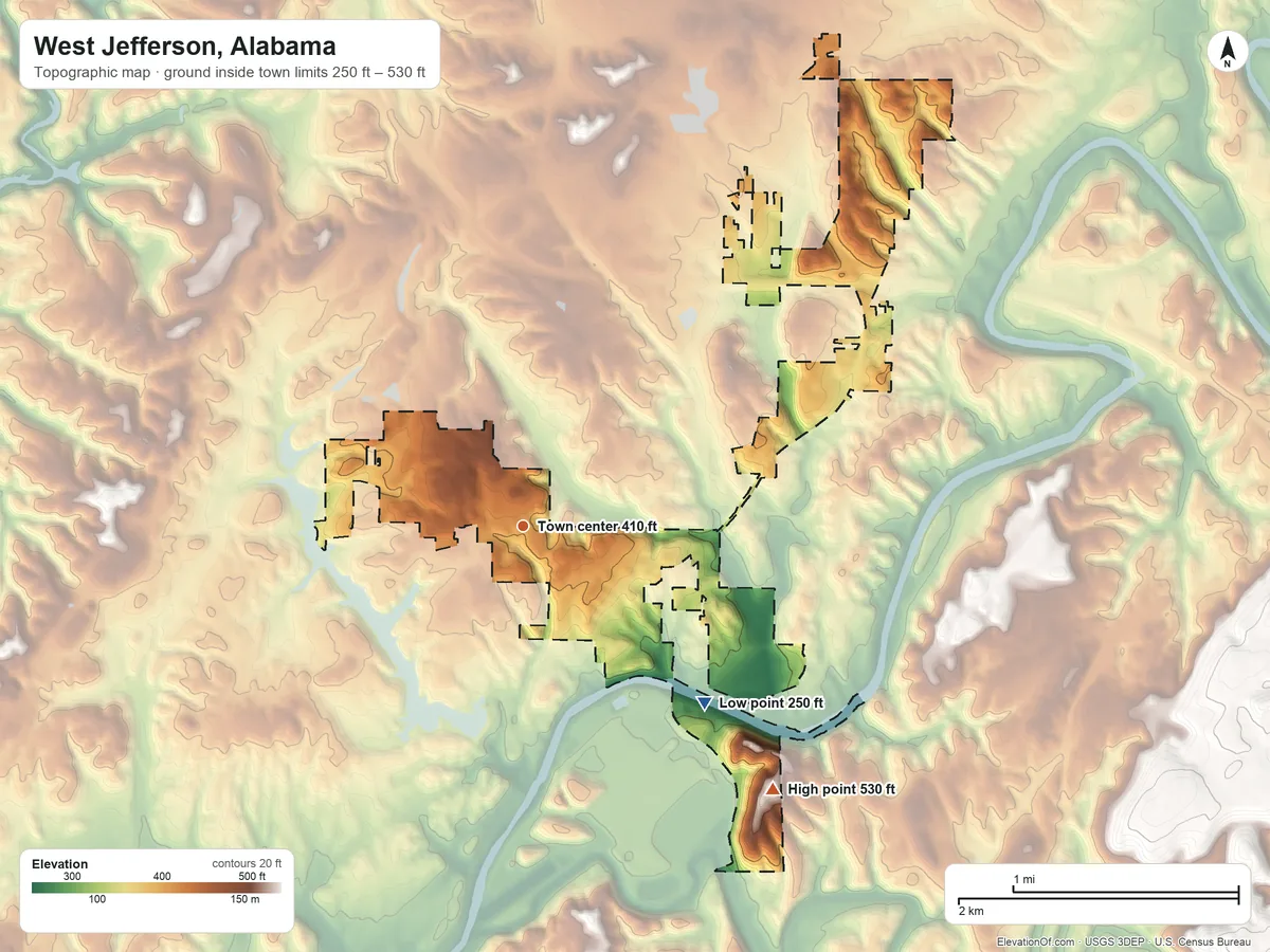 Topographic elevation map of West Jefferson, Alabama, shaded from 250 ft on the southeast side to 530 ft on the southeast side