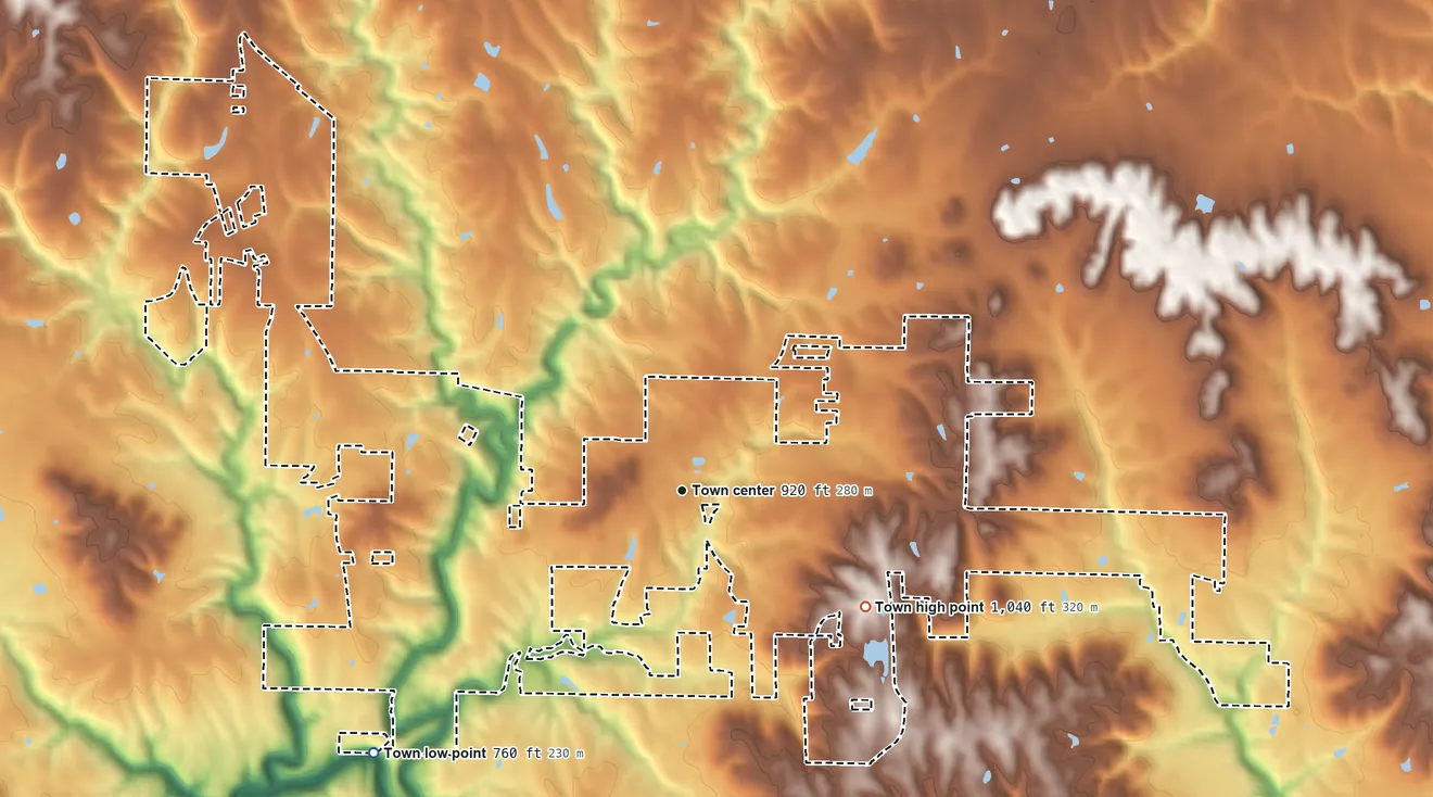 Topographic elevation map of West Point, Alabama, shaded from 760 ft on the southwest side to 1,040 ft on the southeast side