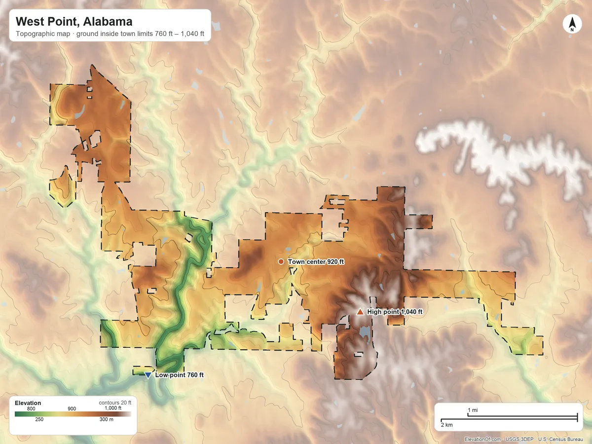 Topographic elevation map of West Point, Alabama, shaded from 760 ft on the southwest side to 1,040 ft on the southeast side