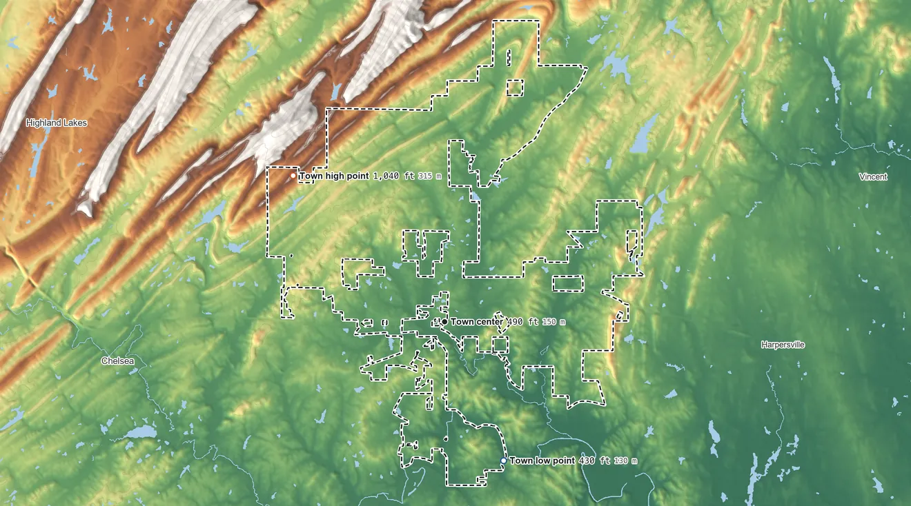 Topographic elevation map of Westover, Alabama, shaded from 430 ft on the southeast side to 1,040 ft on the northwest edge, below higher ground just outside