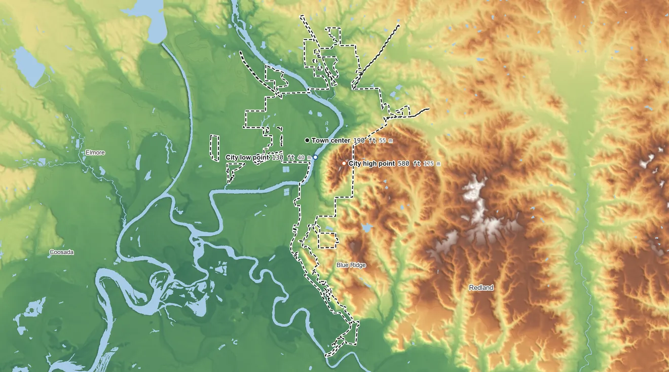 Topographic elevation map of Wetumpka, Alabama, shaded from 130 ft near the middle to 580 ft on Bald Knob