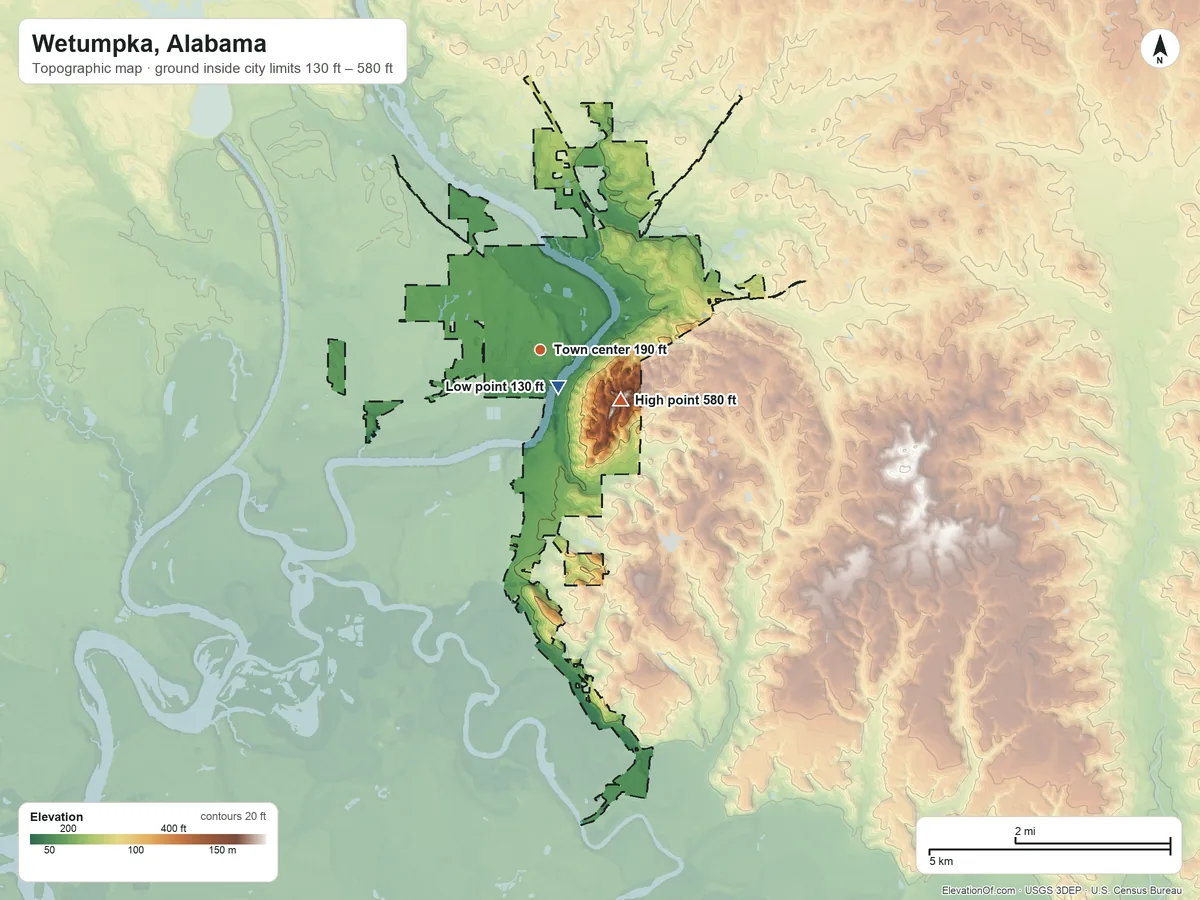 Topographic elevation map of Wetumpka, Alabama, shaded from 130 ft near the middle to 580 ft on Bald Knob