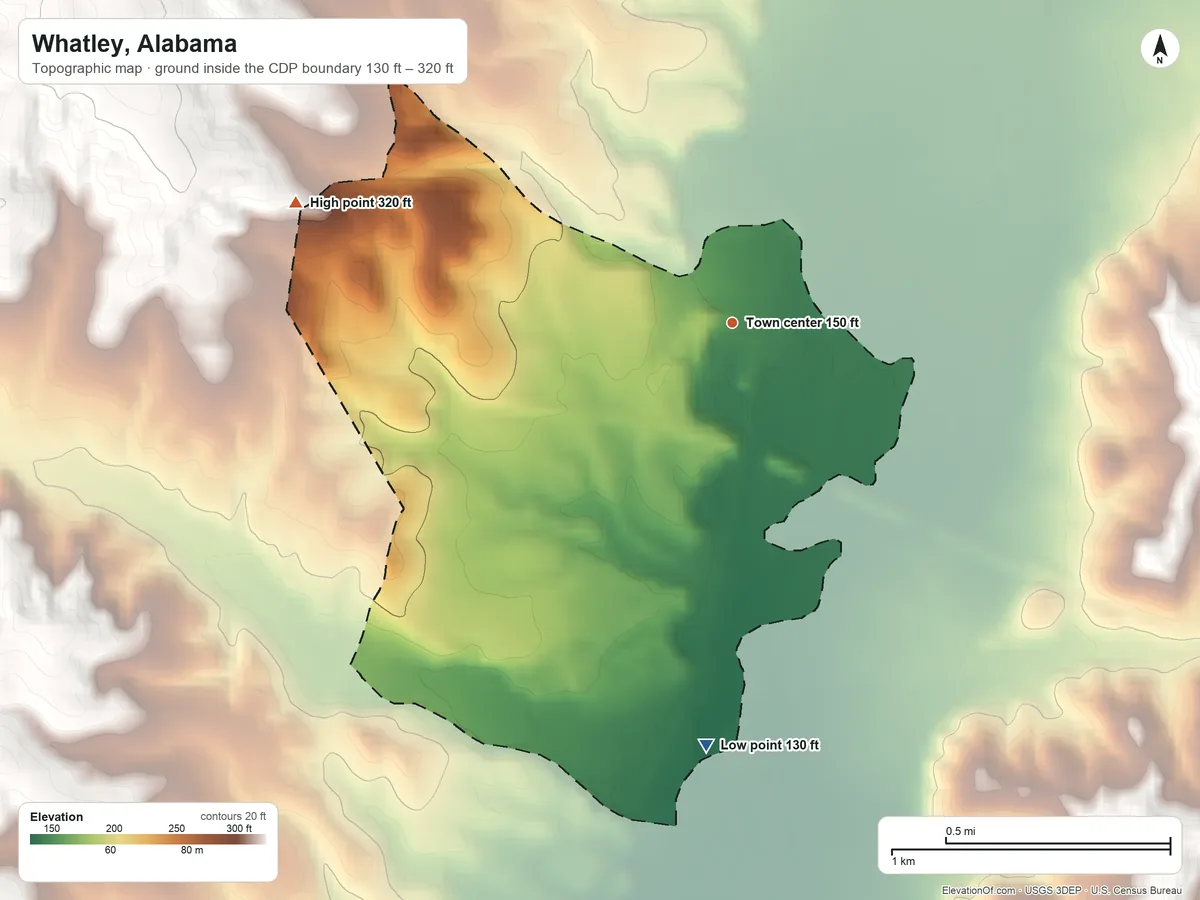 Topographic elevation map of Whatley, Alabama, shaded from 130 ft on the south side to 320 ft on the west side