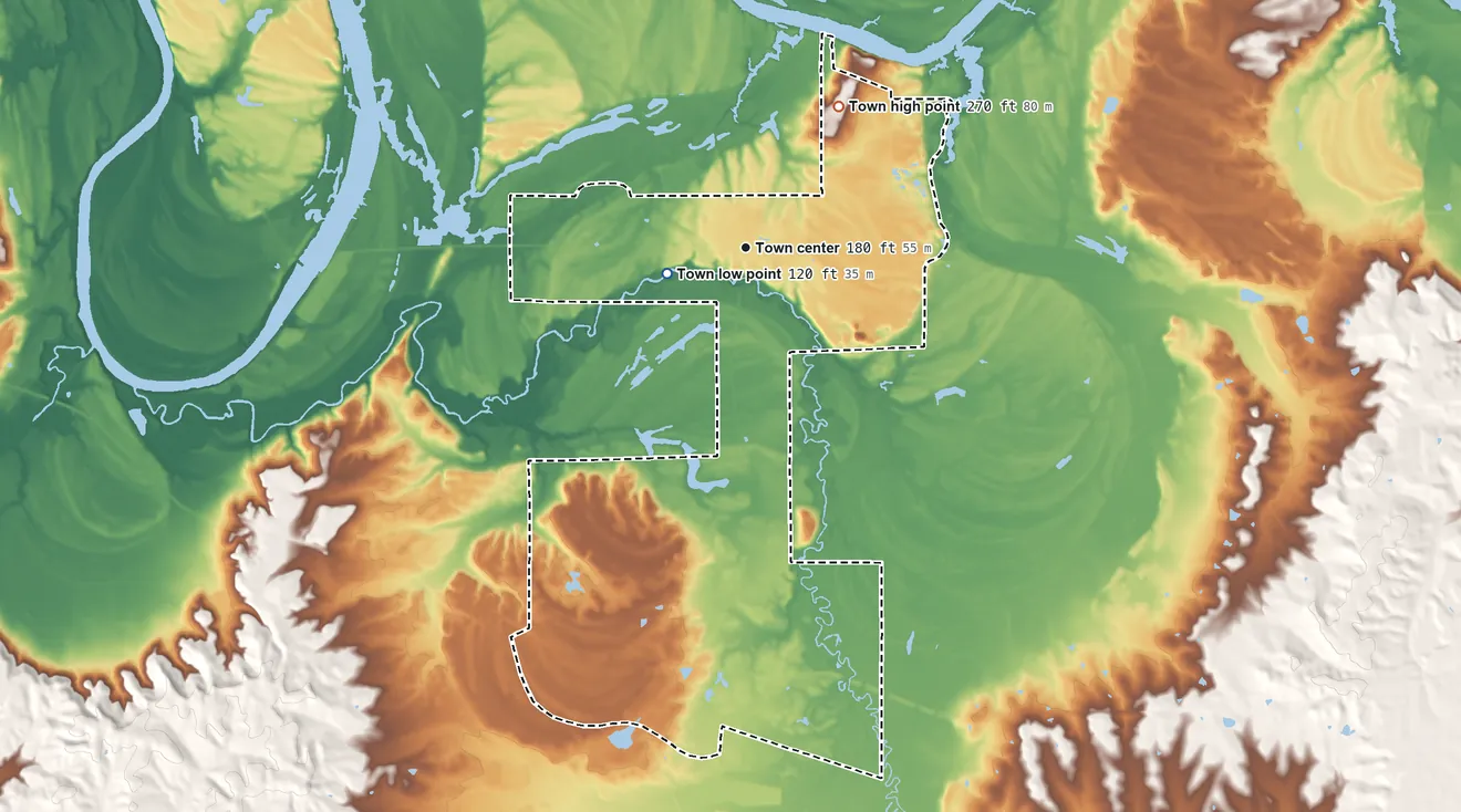 Topographic elevation map of White Hall, Alabama, shaded from 120 ft near the middle to 270 ft on Cravey Hill