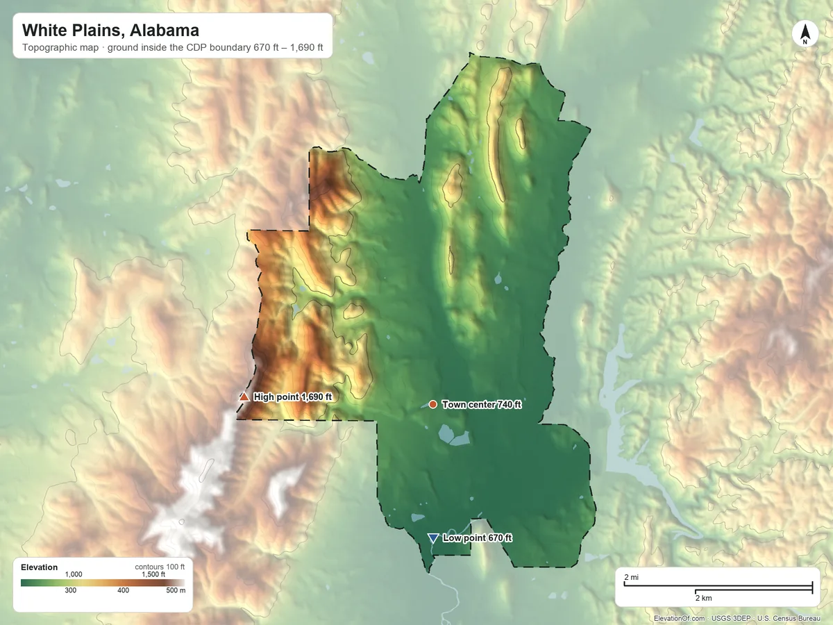 Topographic elevation map of White Plains, Alabama, shaded from 670 ft on the south side to 1,690 ft at the foot of the Big Pine Hills