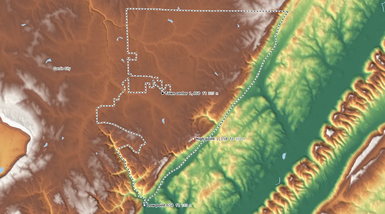 Topographic elevation map of Whitesboro, Alabama, shaded from 650 ft on the south side to 1,150 ft on the southeast side