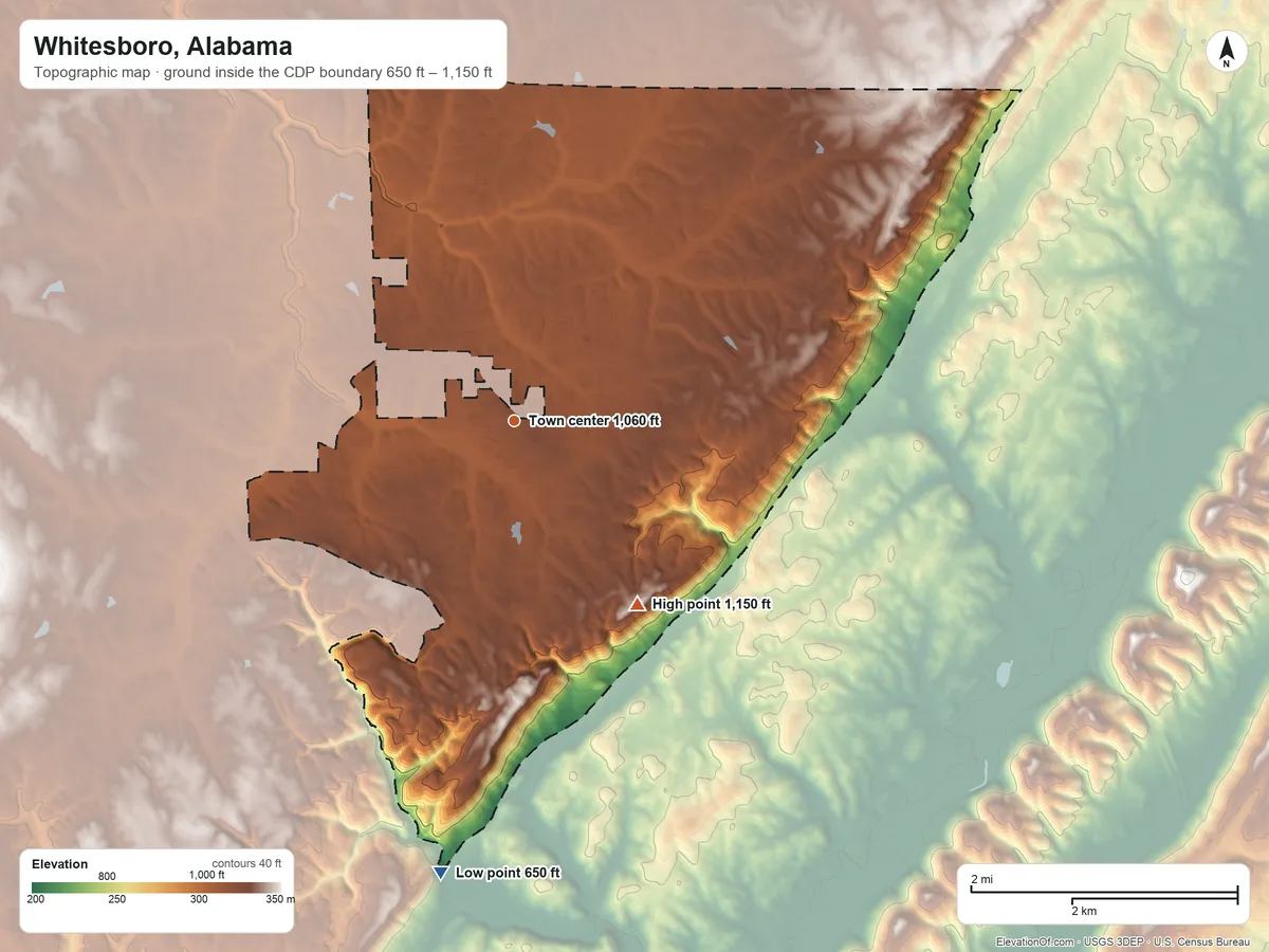 Topographic elevation map of Whitesboro, Alabama, shaded from 650 ft on the south side to 1,150 ft on the southeast side