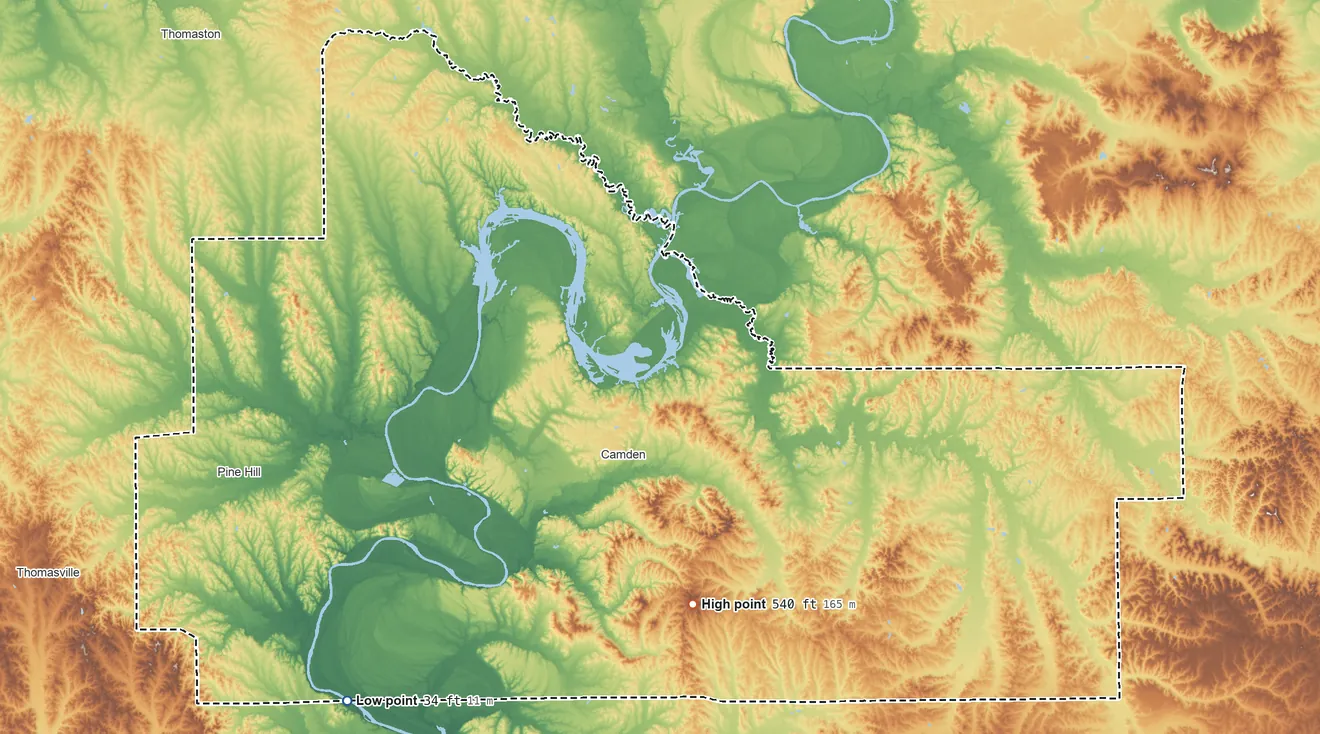 Topographic elevation map of Wilcox County, Alabama, shaded from 34 ft on the southwest side to 540 ft on the south side