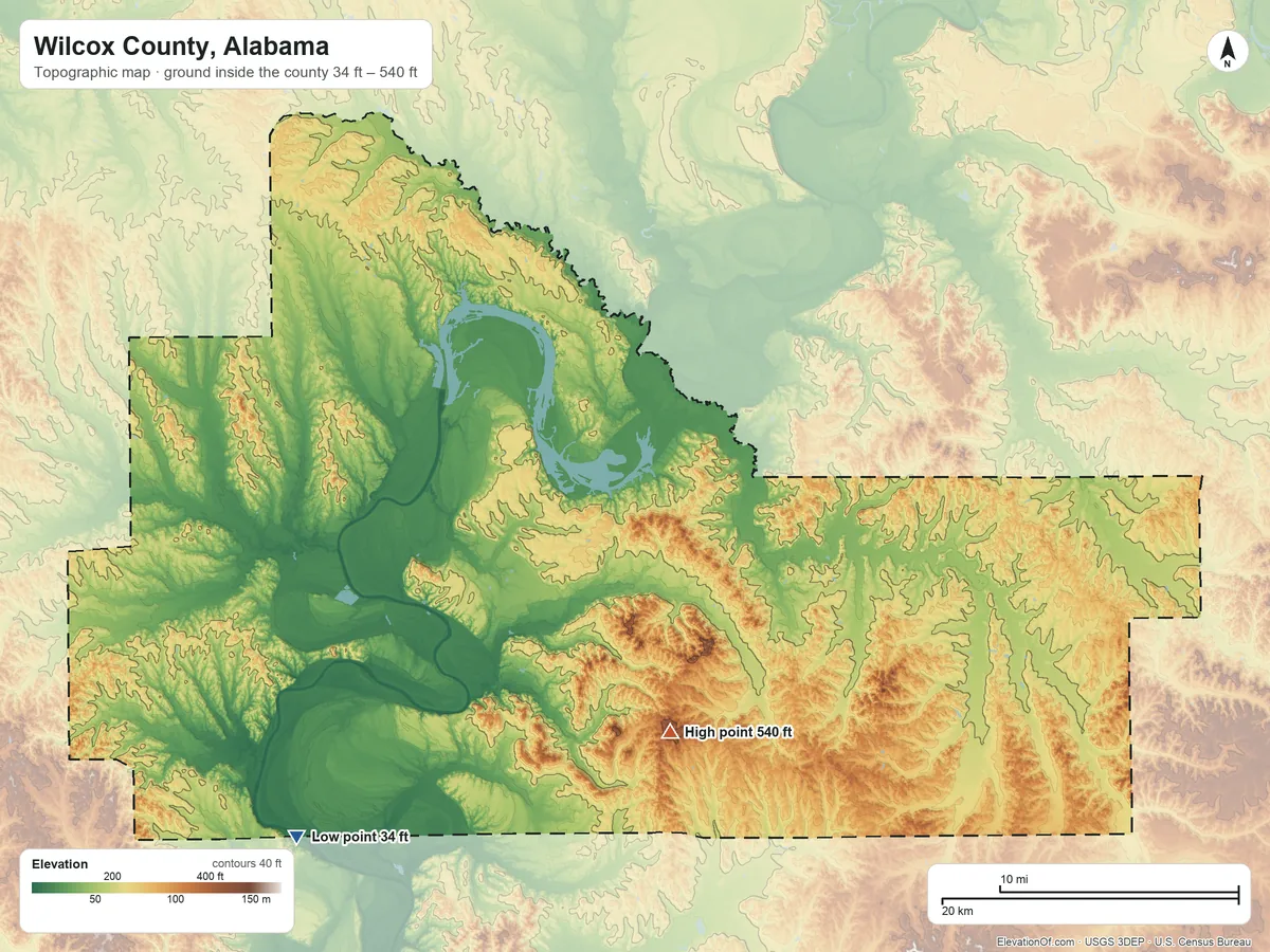 Topographic elevation map of Wilcox County, Alabama, shaded from 34 ft on the southwest side to 540 ft on the south side