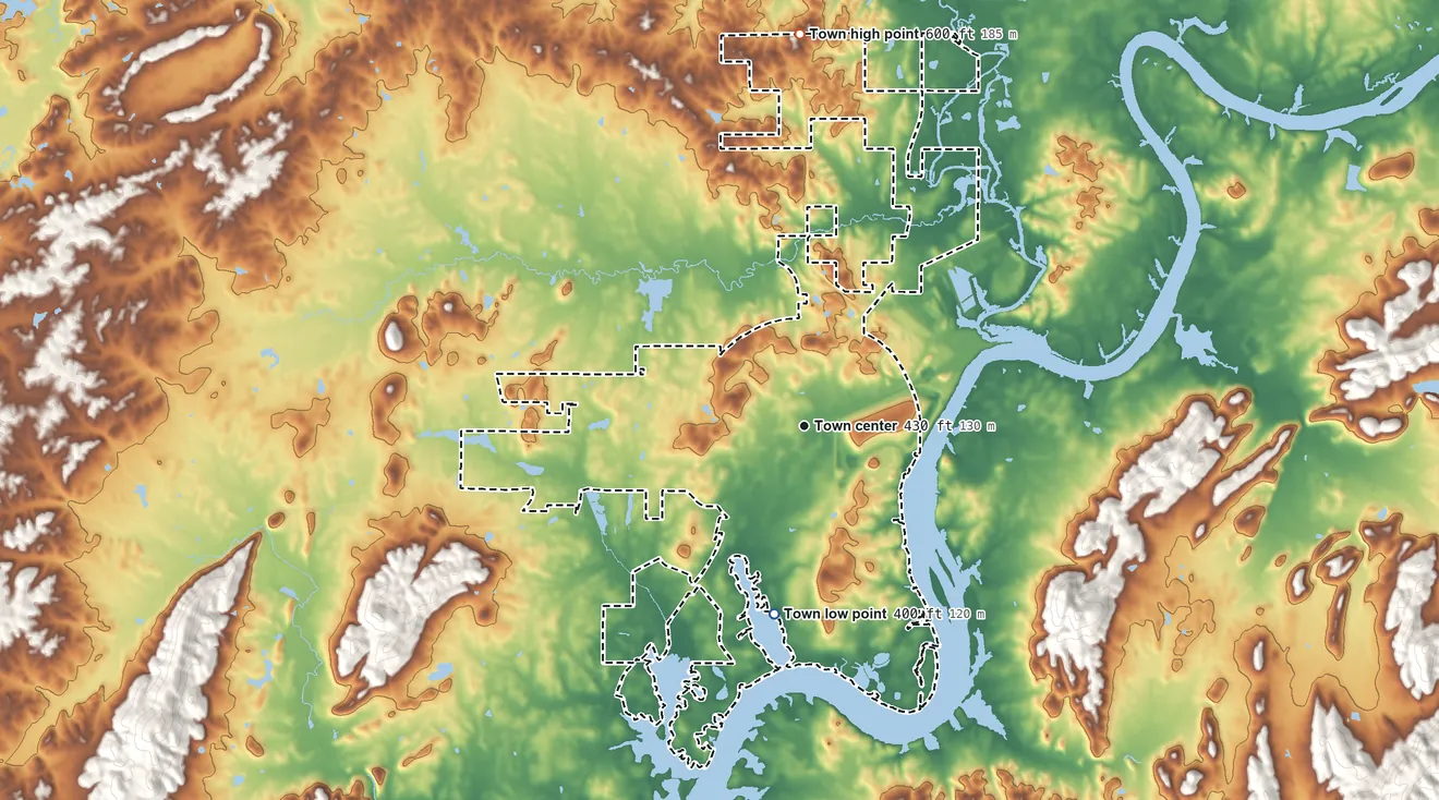 Topographic elevation map of Wilsonville, Alabama, shaded from 400 ft on the south side to 600 ft on the north side