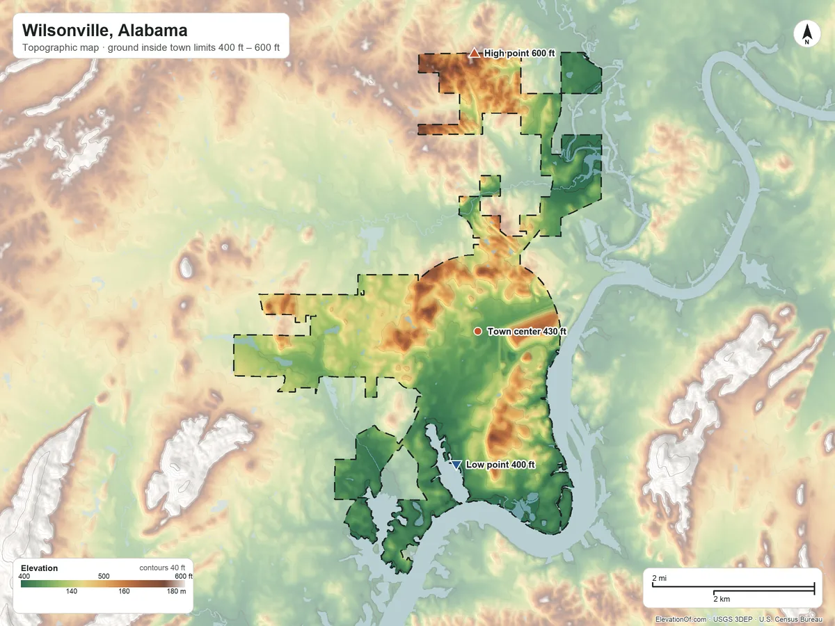 Topographic elevation map of Wilsonville, Alabama, shaded from 400 ft on the south side to 600 ft on the north side