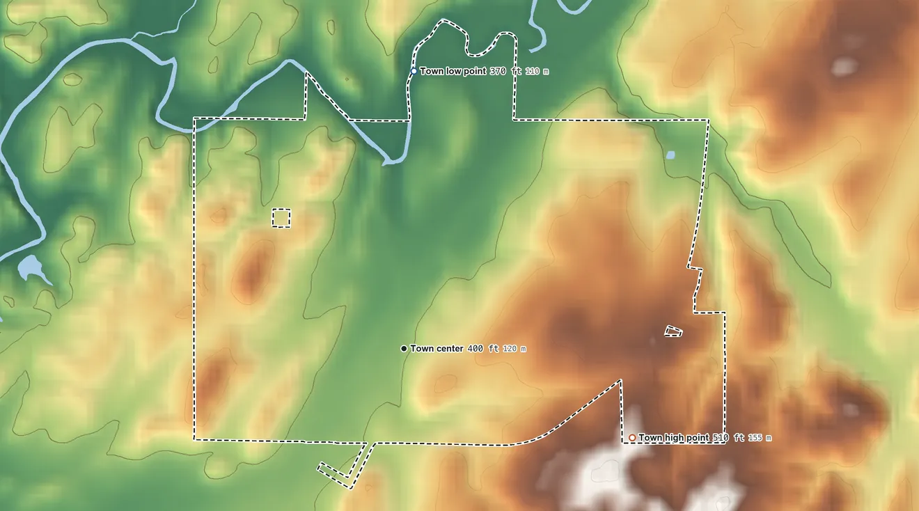 Topographic elevation map of Wilton, Alabama, shaded from 370 ft on the north side to 510 ft on the east side