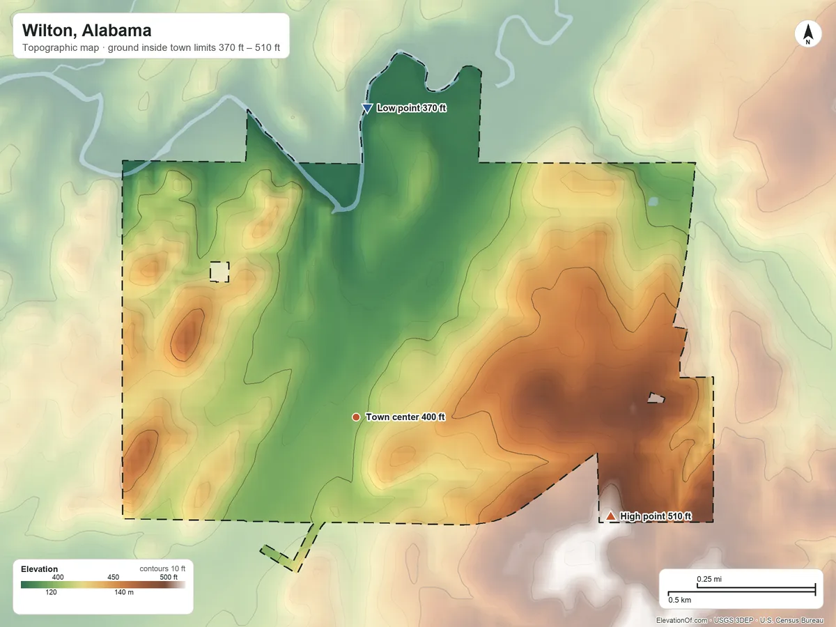 Topographic elevation map of Wilton, Alabama, shaded from 370 ft on the north side to 510 ft on the east side