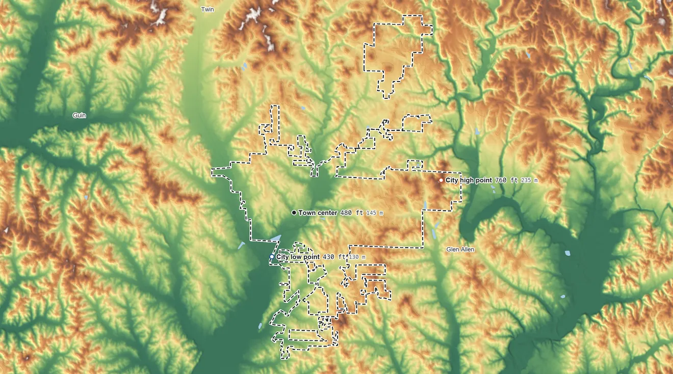 Topographic elevation map of Winfield, Alabama, shaded from 430 ft on the southwest side to 760 ft on the east side