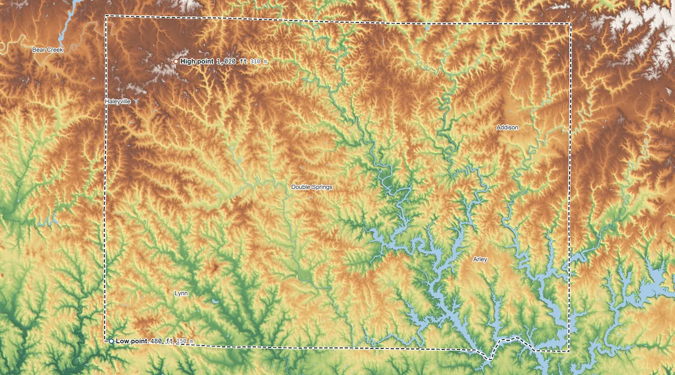 Topographic elevation map of Winston County, Alabama, shaded from 480 ft on the southwest side to 1,020 ft on the northwest side