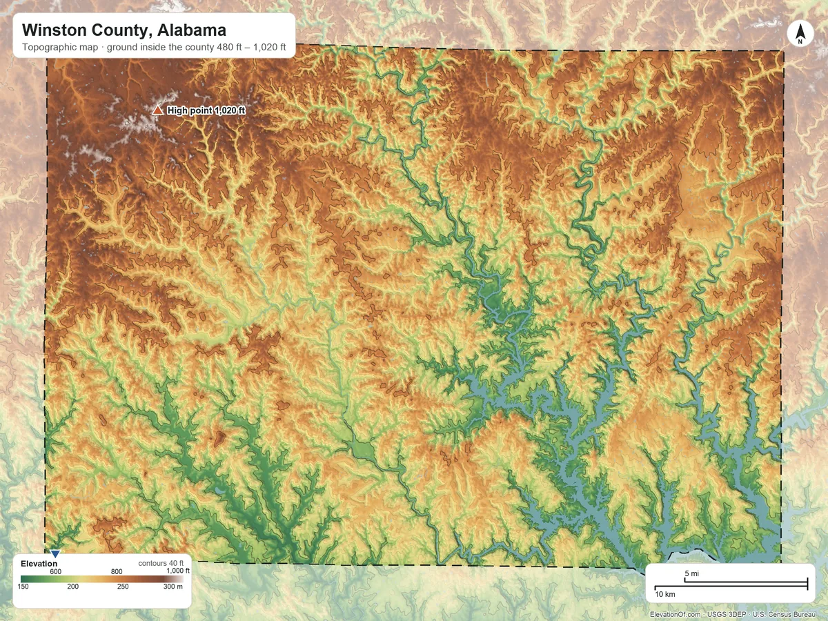 Topographic elevation map of Winston County, Alabama, shaded from 480 ft on the southwest side to 1,020 ft on the northwest side
