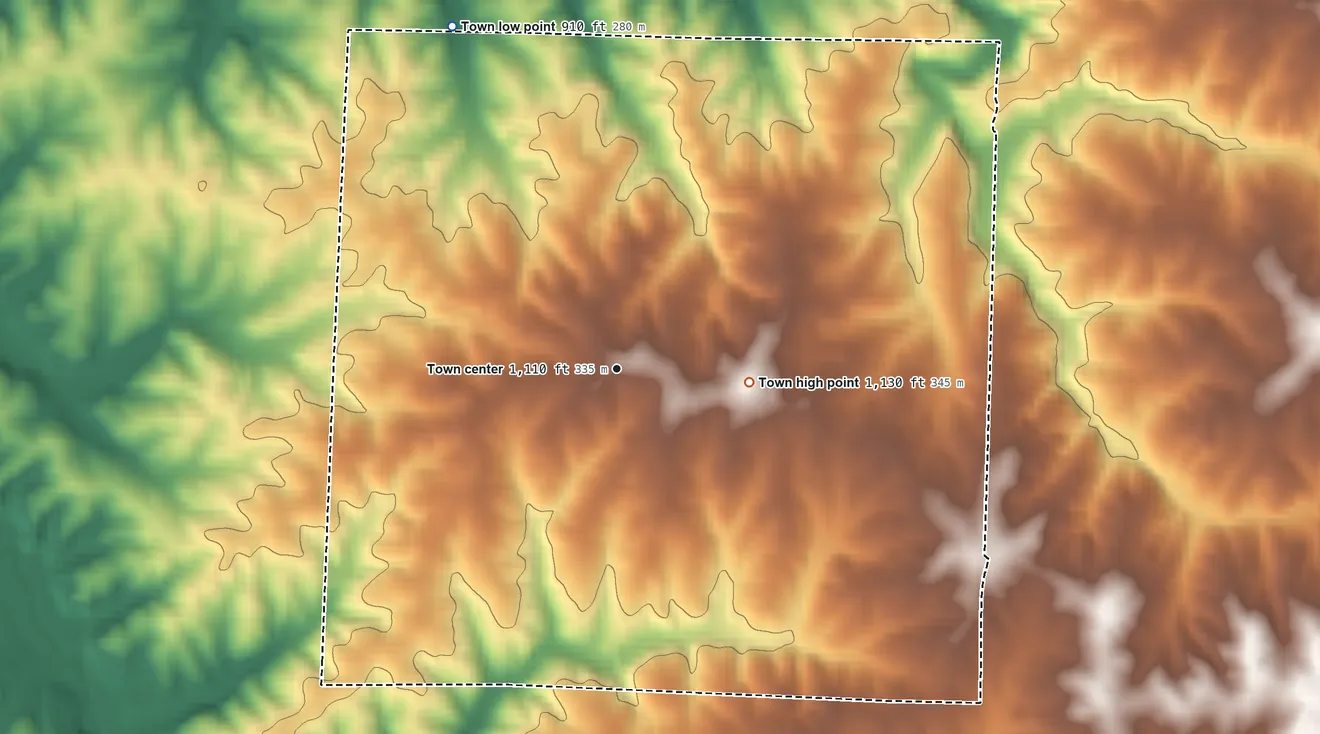 Topographic elevation map of Woodland, Alabama, shaded from 910 ft on the northwest side to 1,130 ft on the east side