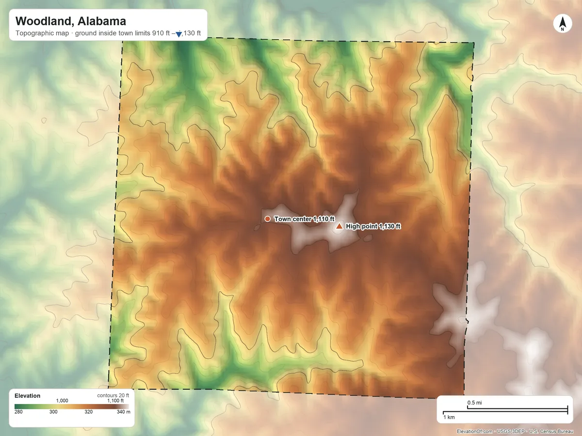 Topographic elevation map of Woodland, Alabama, shaded from 910 ft on the northwest side to 1,130 ft on the east side