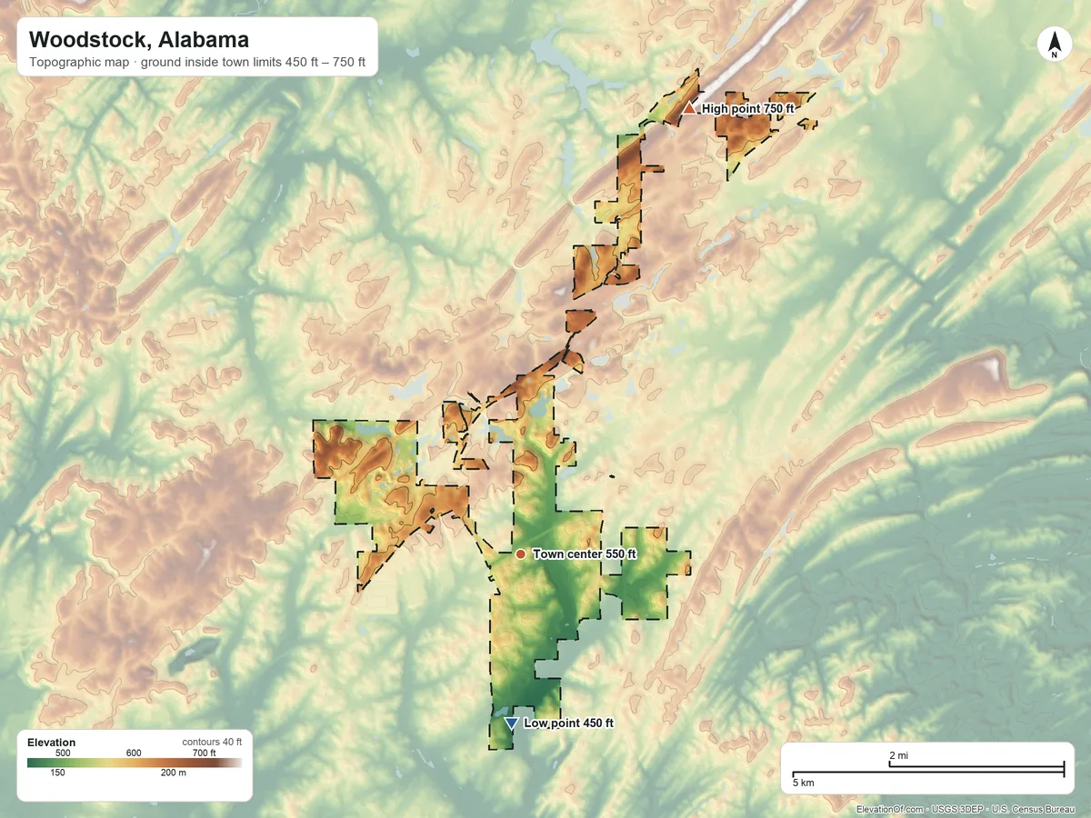 Topographic elevation map of Woodstock, Alabama, shaded from 450 ft on the south side to 750 ft on the north side