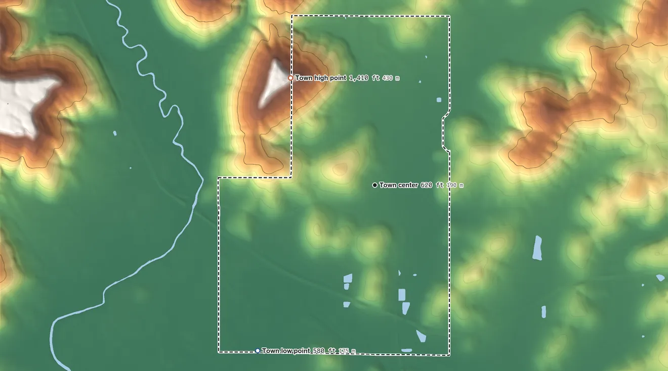 Topographic elevation map of Woodville, Alabama, shaded from 580 ft on the southwest side to 1,410 ft on the northwest edge, below higher ground just outside