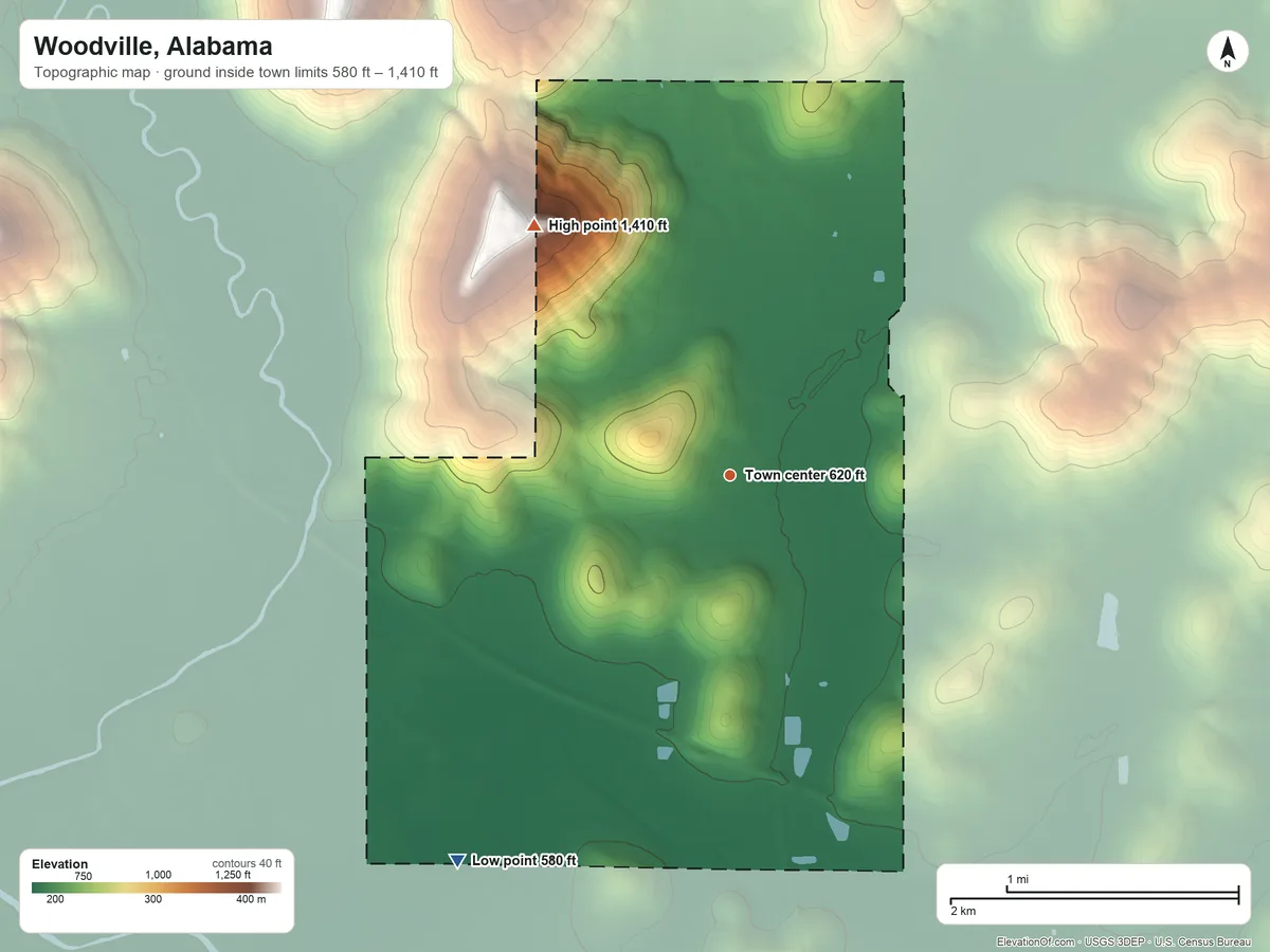 Topographic elevation map of Woodville, Alabama, shaded from 580 ft on the southwest side to 1,410 ft on the northwest edge, below higher ground just outside