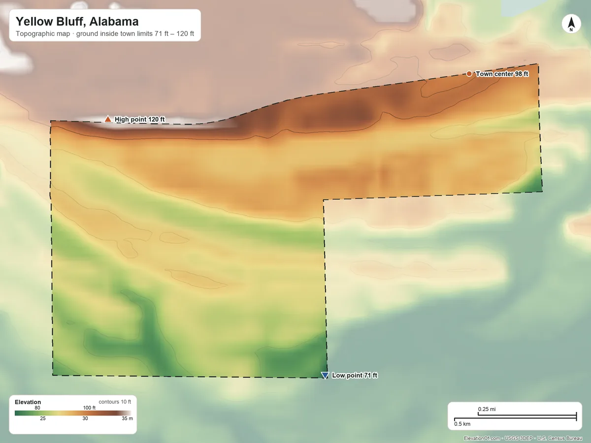 Topographic elevation map of Yellow Bluff, Alabama, shaded from 71 ft on the southwest side to 120 ft on the west side