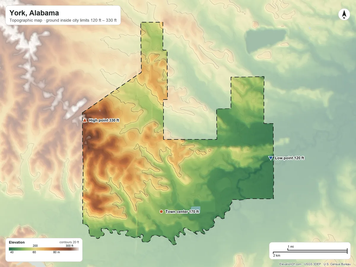 Topographic elevation map of York, Alabama, shaded from 120 ft on the northeast side to 330 ft on the northwest side