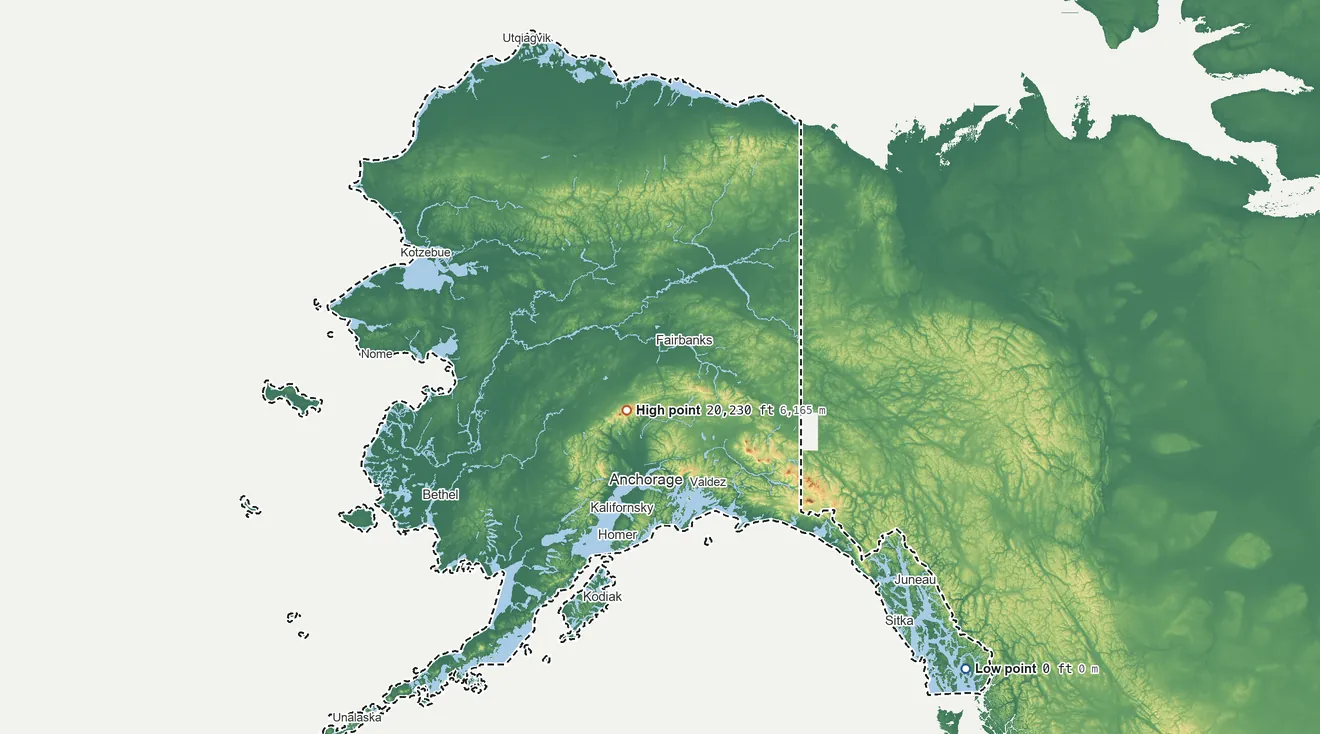 Topographic elevation map of Alaska, shaded from sea level on George Inlet to 20,230 ft on Mount McKinley