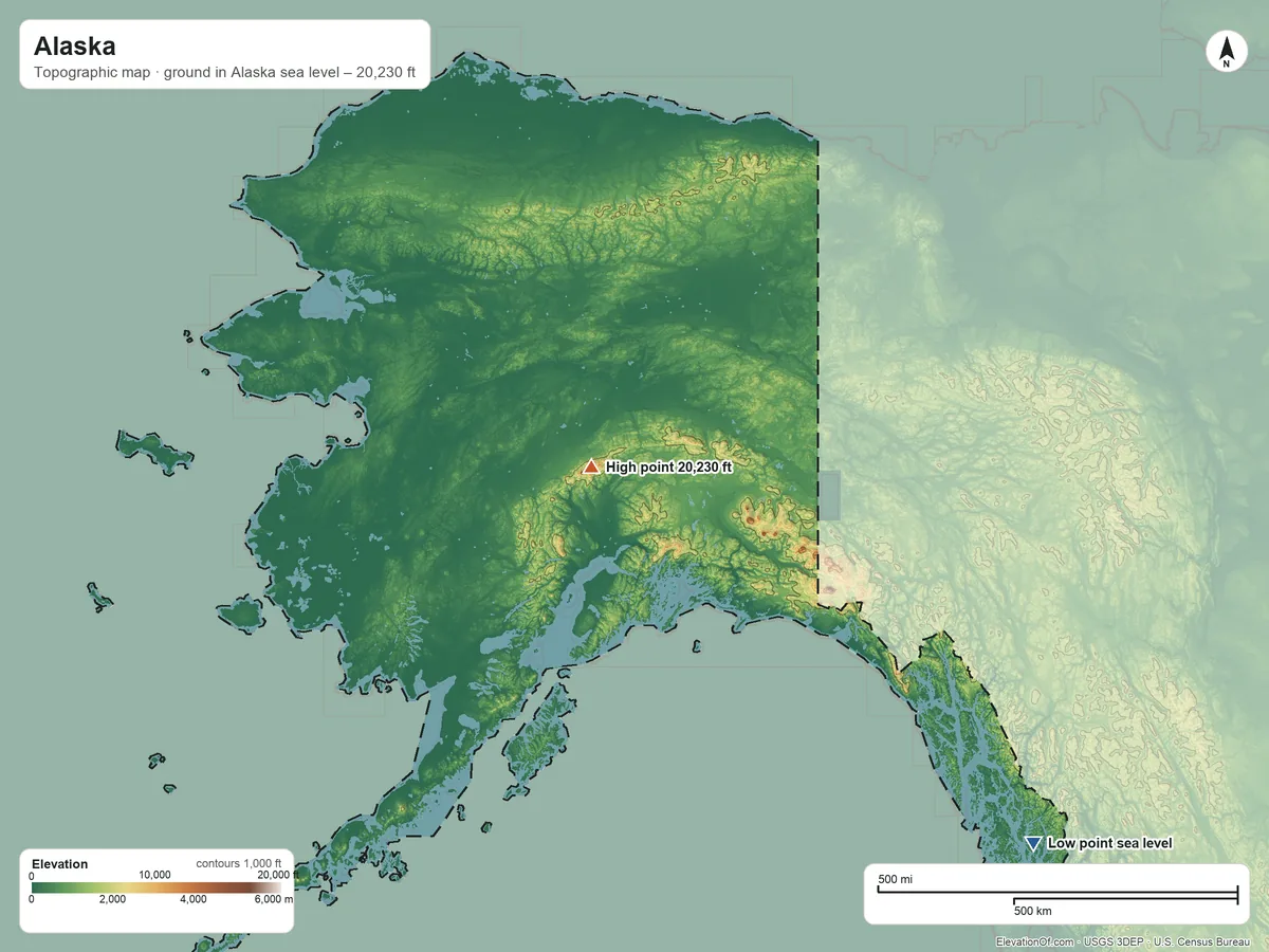 Topographic elevation map of Alaska, shaded from sea level on George Inlet to 20,230 ft on Mount McKinley