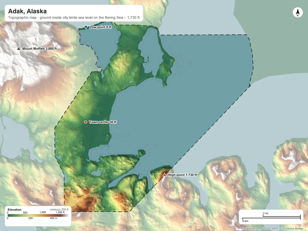 Topographic elevation map of Adak, Alaska, shaded from sea level level on the Bering Sea to 1,730 ft on the southeast side