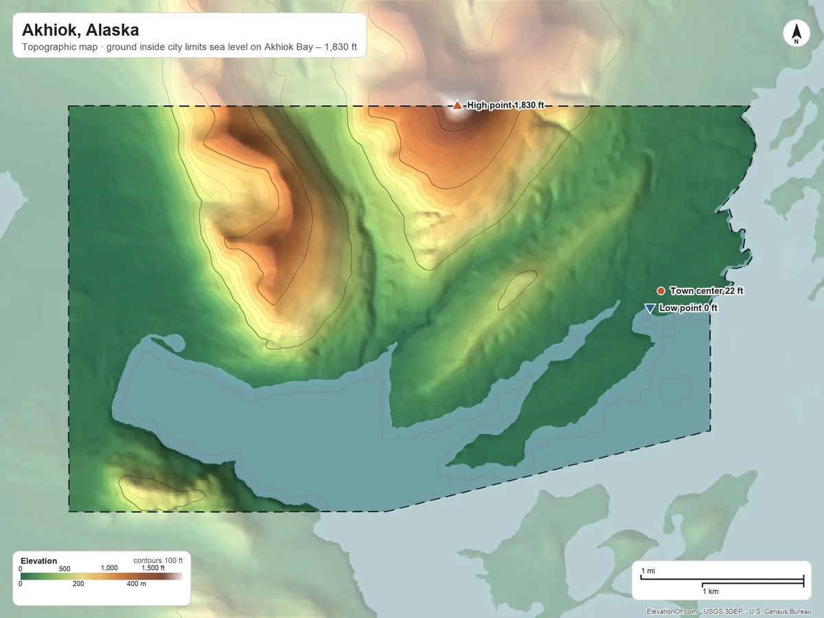 Topographic elevation map of Akhiok, Alaska, shaded from sea level level on Akhiok Bay to 1,830 ft on the northwest side