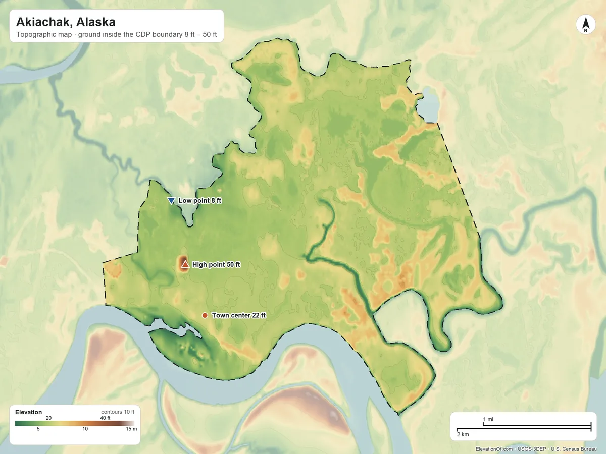 Topographic elevation map of Akiachak, Alaska, shaded from 8 ft on the north side to 50 ft near the middle