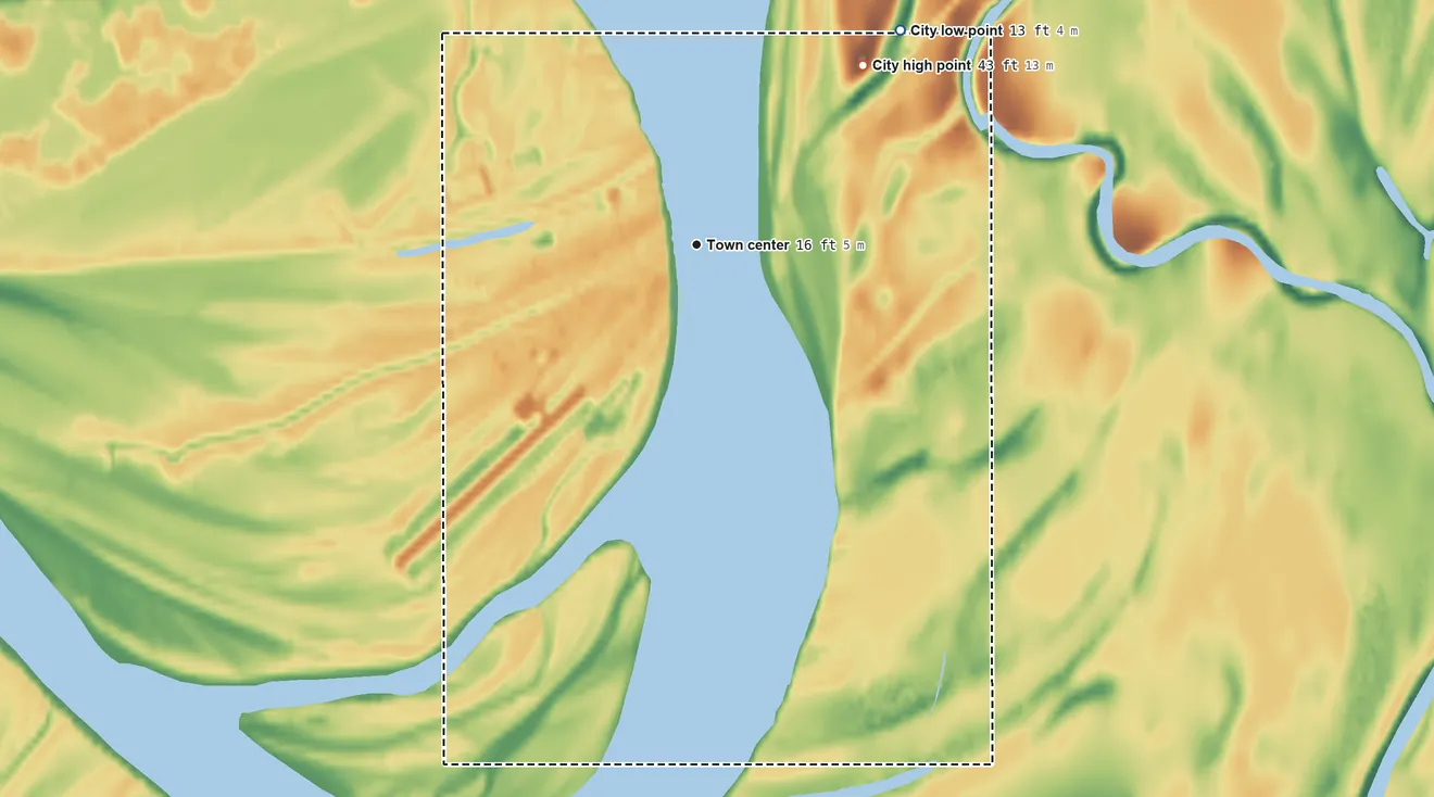 Topographic elevation map of Akiak, Alaska, shaded from 13 ft on the northeast side to 43 ft on the northeast side