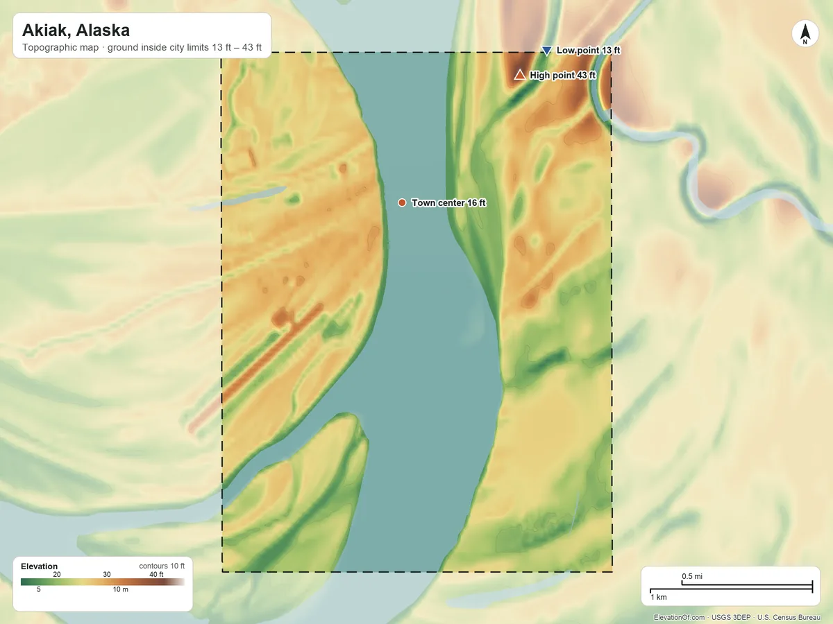 Topographic elevation map of Akiak, Alaska, shaded from 13 ft on the northeast side to 43 ft on the northeast side