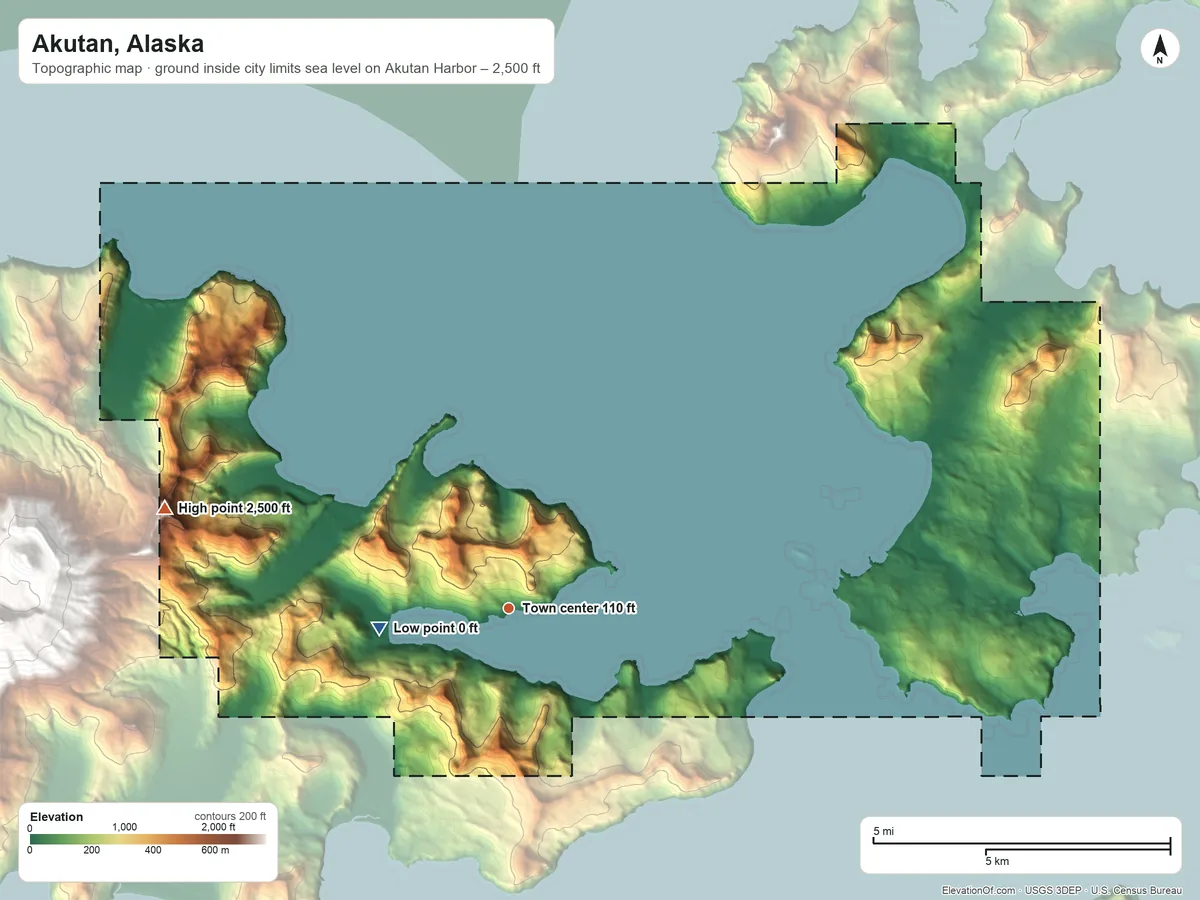 Topographic elevation map of Akutan, Alaska, shaded from sea level level on Akutan Harbor to 2,500 ft at the foot of the Ayagaa Tunutux