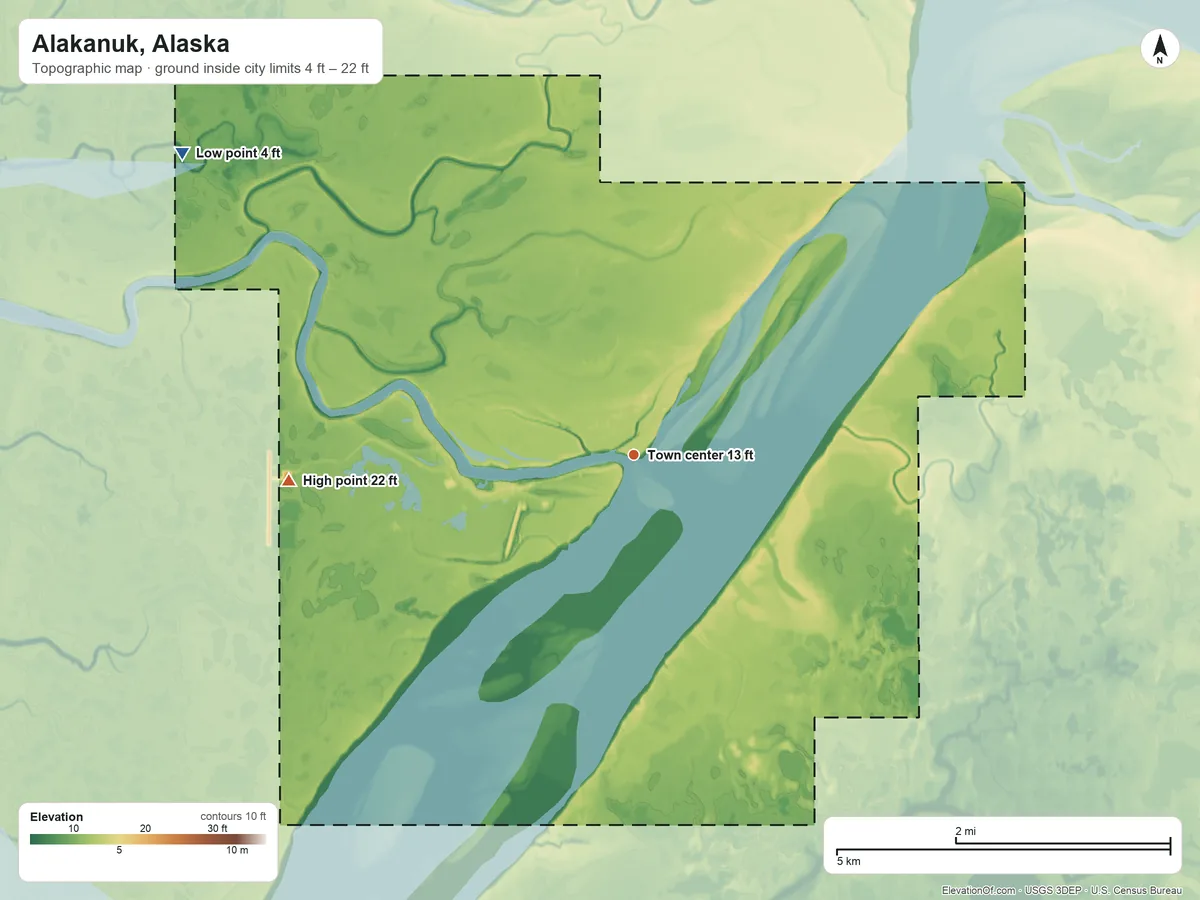 Topographic elevation map of Alakanuk, Alaska, shaded from 4 ft on the northwest side to 22 ft on the west side