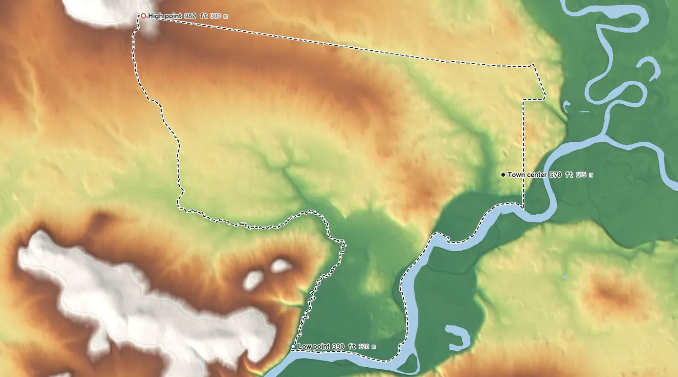 Topographic elevation map of Alatna, Alaska, shaded from 390 ft on the southwest side to 980 ft on the northwest edge, below higher ground just outside